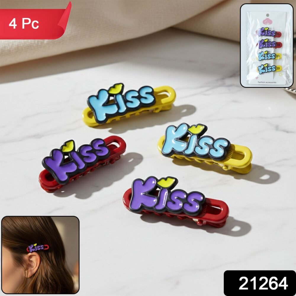 Kiss Text Hair Clip Set – Trendy 4-Piece Decorative Hair Accessories