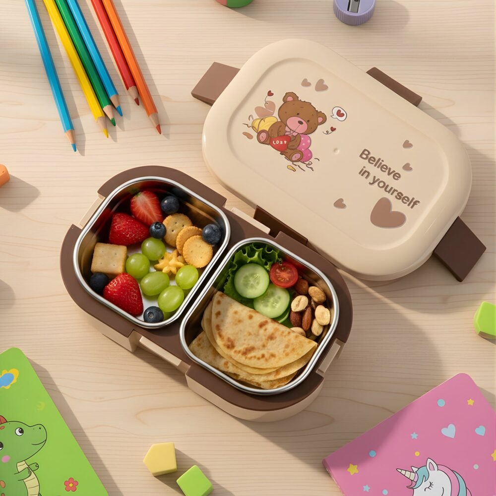 Lunch-Box-02_b2789f5a-4073-413c-be13-24ad27550428.jpg Kids Lunch Box – Cute Teddy Printed 500 ML with Stainless Steel Containers