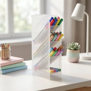 MarkerCaseHolder-03.jpg Desk Organizer – 4 Compartments in Clear Plastic for Office Supplies