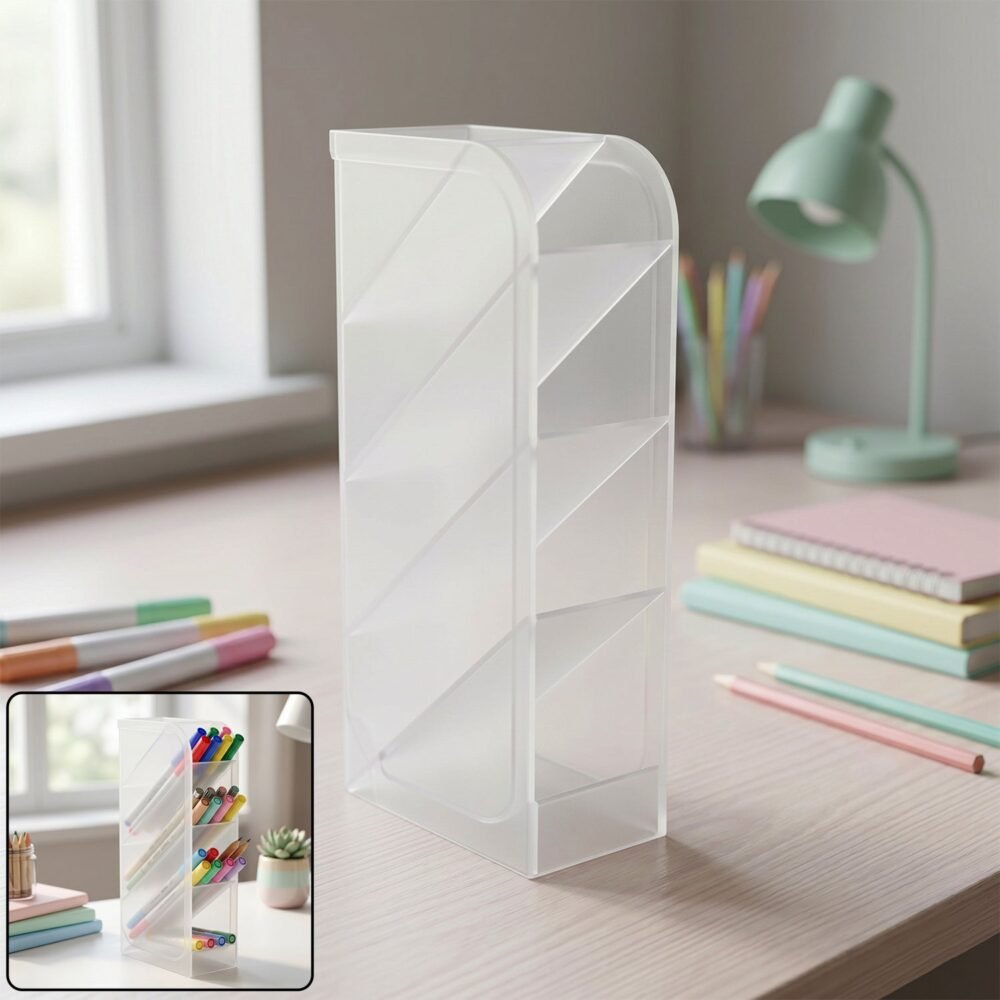 Desk Organizer – 4 Compartments in Clear Plastic for Office Supplies
