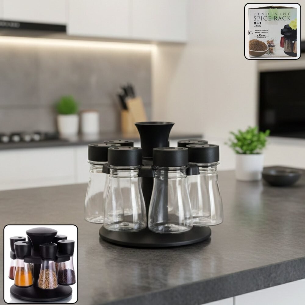 Revolving Plastic Spice Rack – 8 Jars with Rotating Stand