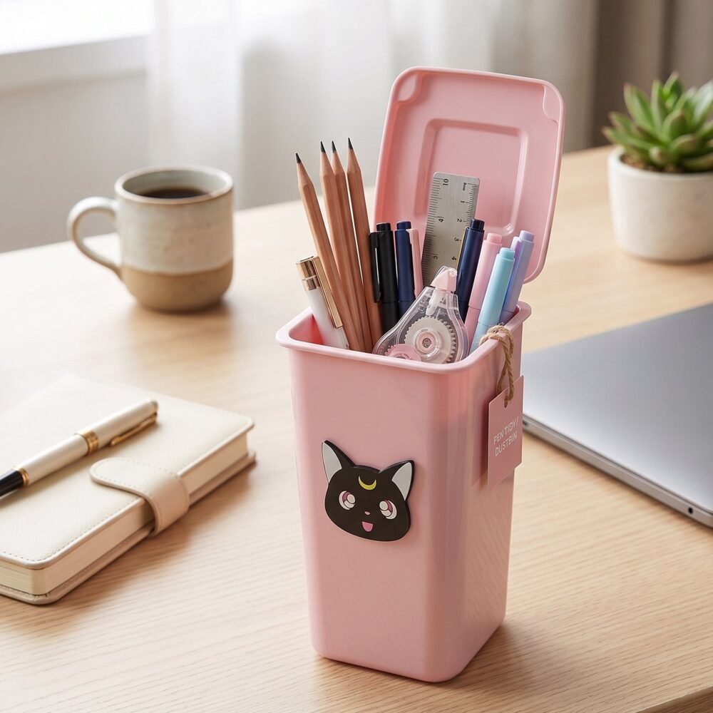 Mini Trash Can Pen Stand – Cute Desk Organizer with Lid