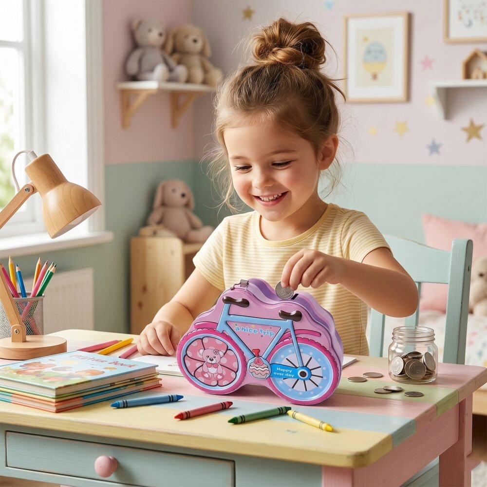 Bicycle Shape Piggy Bank – Colourful Kids’ Saving Toy with Lock