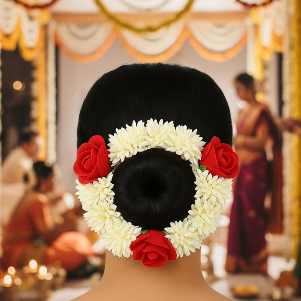 Artificial Flower Gajra – Traditional Red Rose & Jasmine Hair Accessory