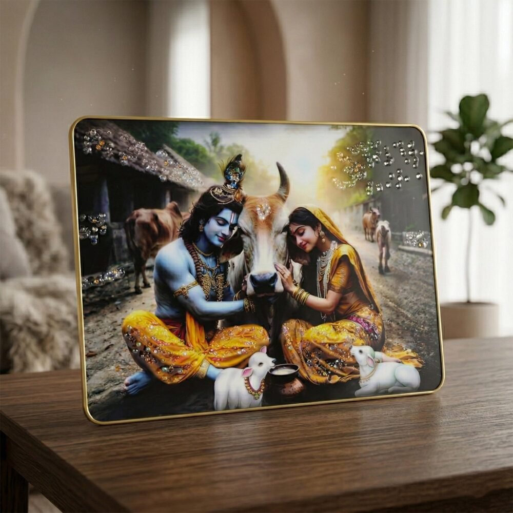 Radha Krishna Village Scene Wall Frame – Peaceful & Elegant Decor