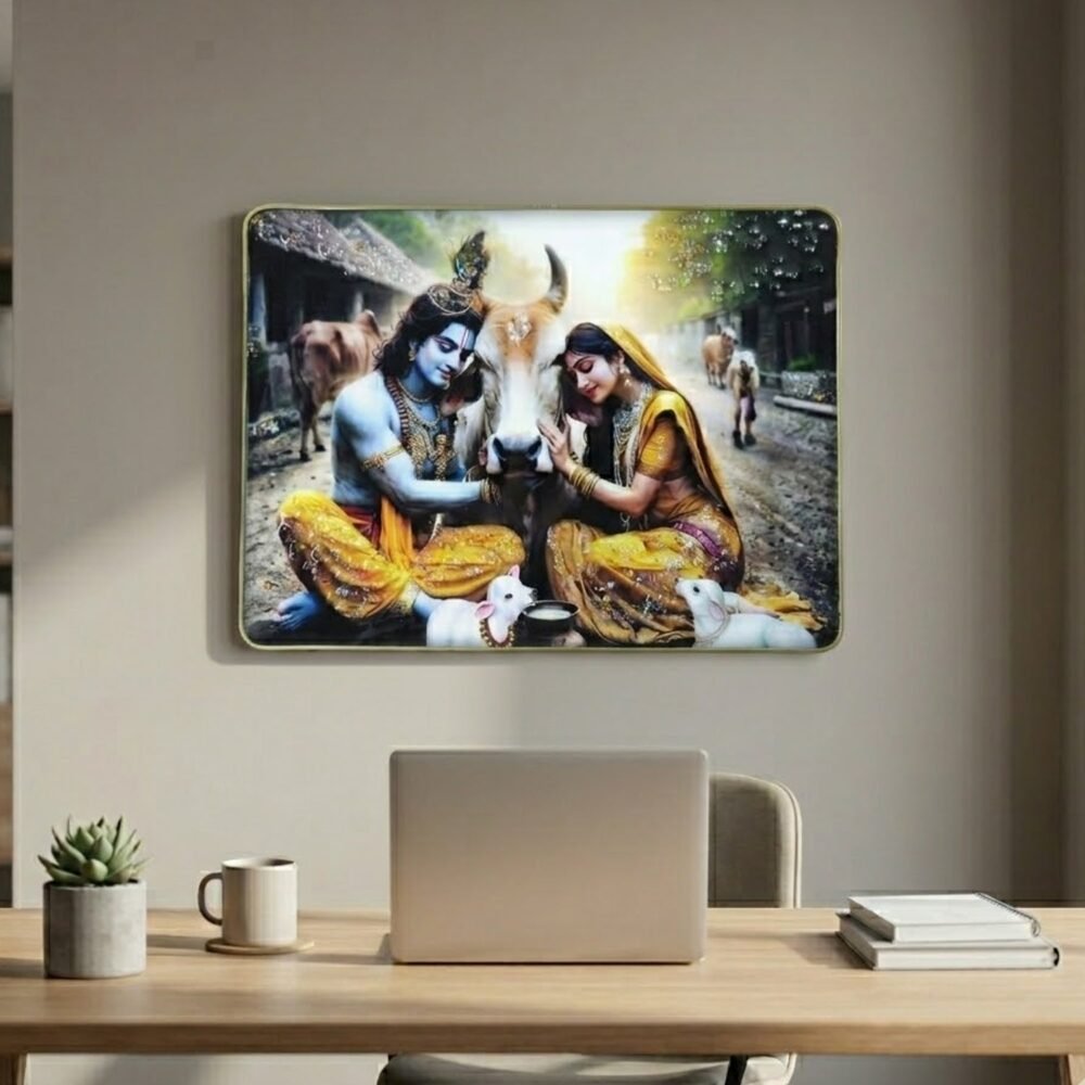Radha Krishna Village Scene Wall Frame – Peaceful & Elegant Decor