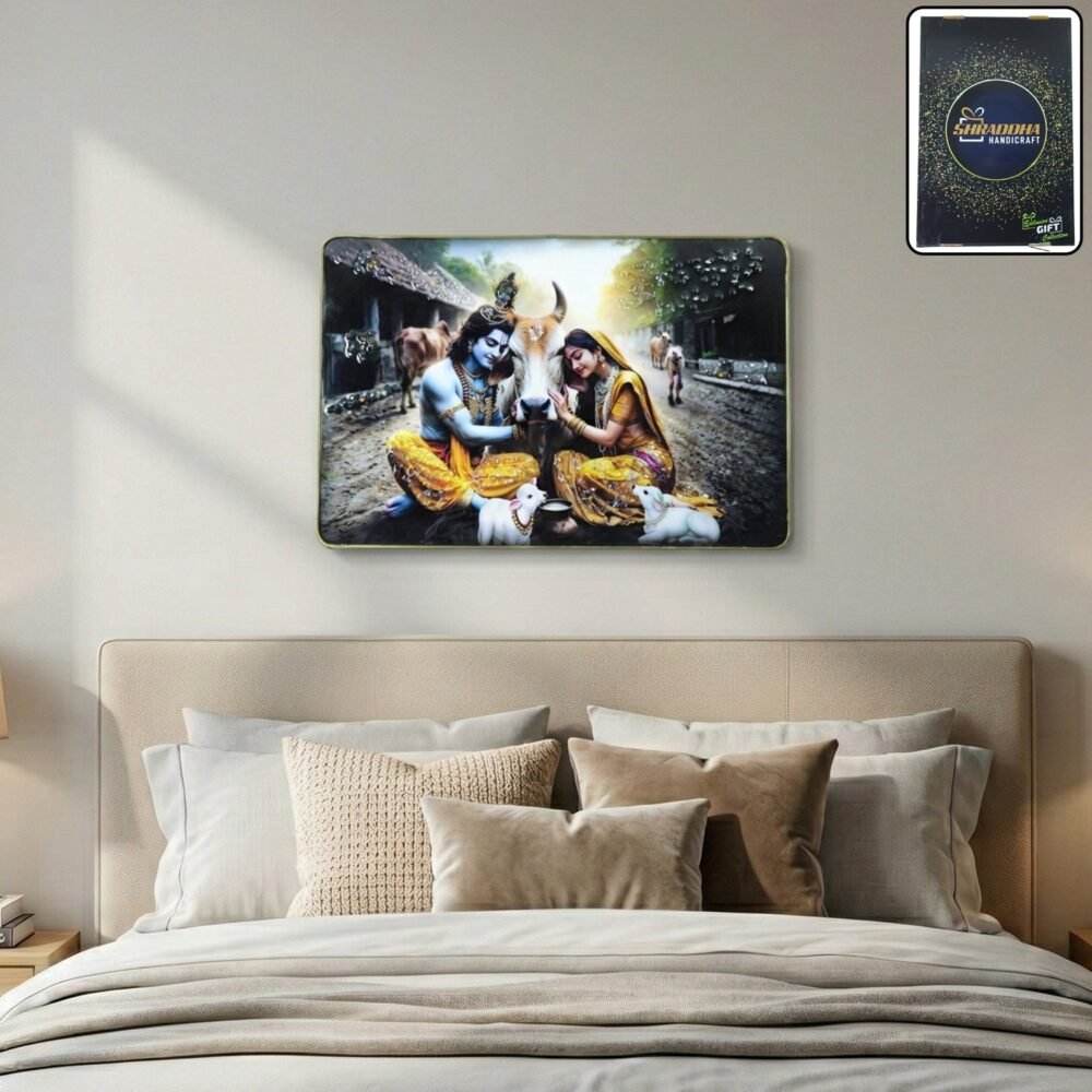 Radha Krishna Village Scene Wall Frame – Peaceful & Elegant Decor