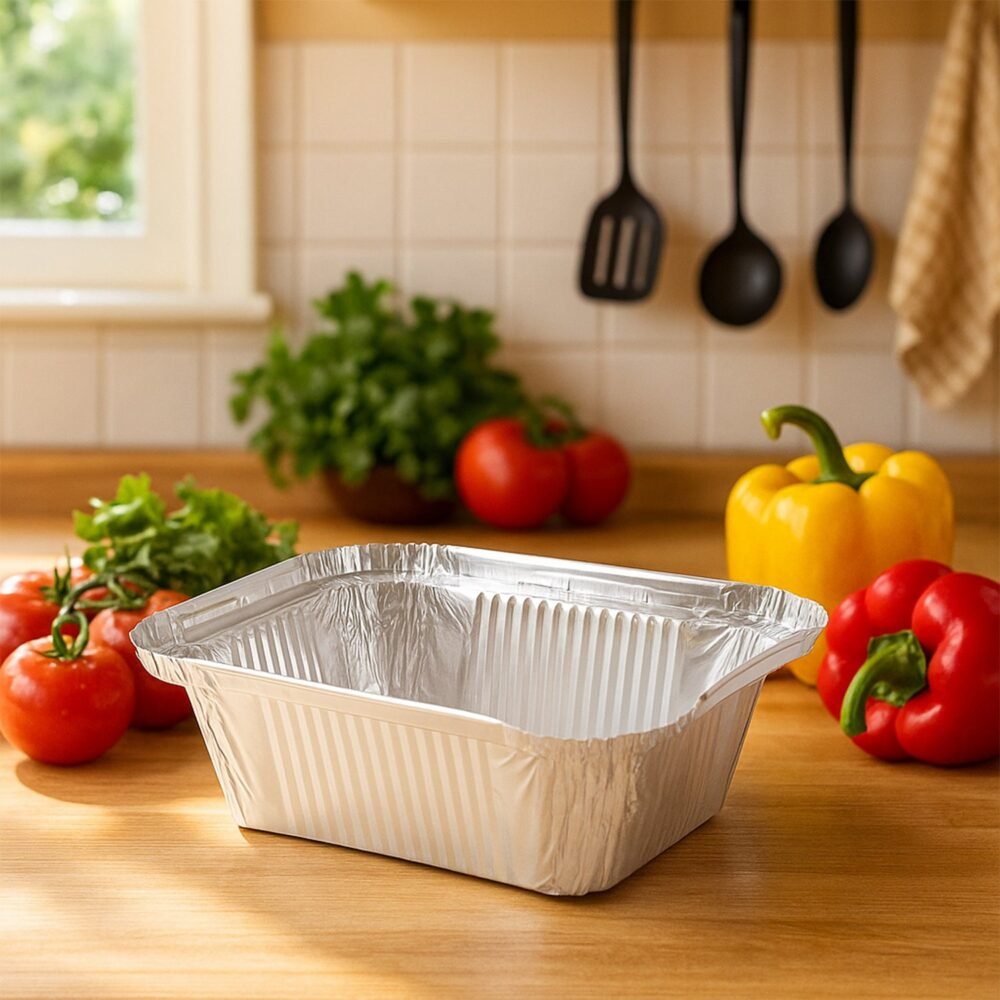 SilverFoilContainer-02.jpg Aluminium Food Container with Lid – 450 ml Leak-Resistant 10 Pc