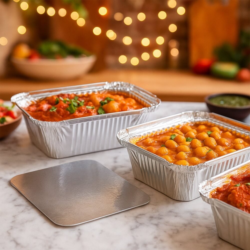 SilverFoilContainer-03.jpg Aluminium Food Container with Lid – 450 ml Leak-Resistant 10 Pc