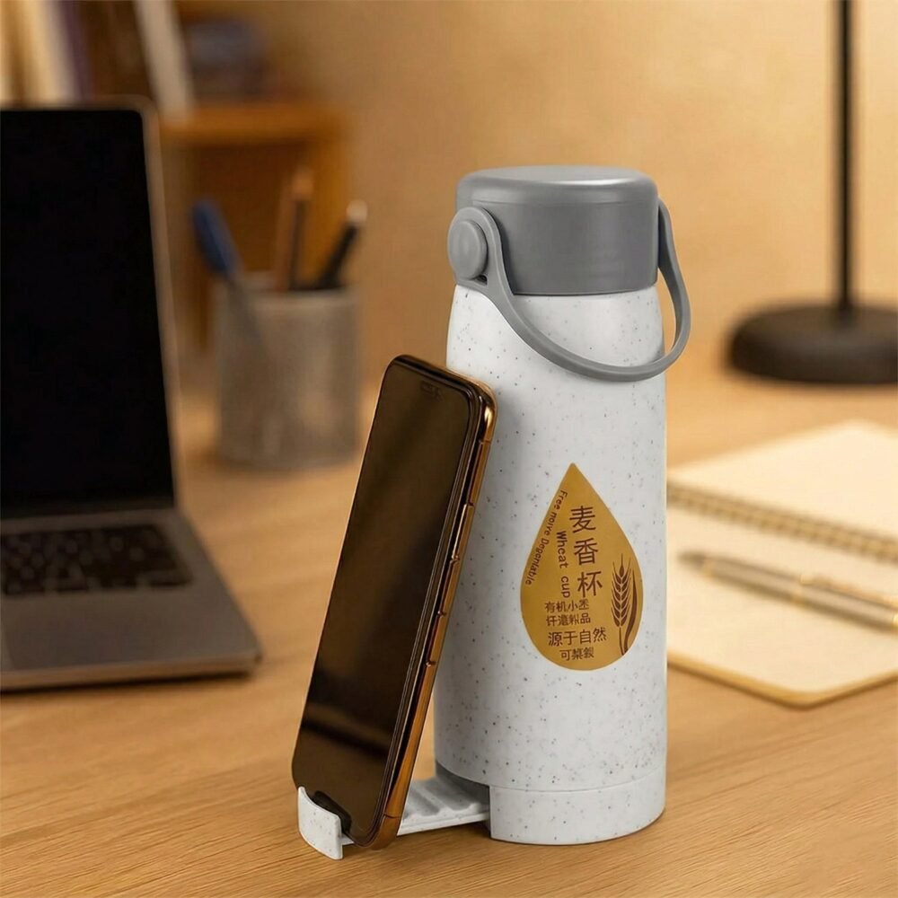 Glass Water Bottle with Phone Holder – Leakproof & Stylish Design