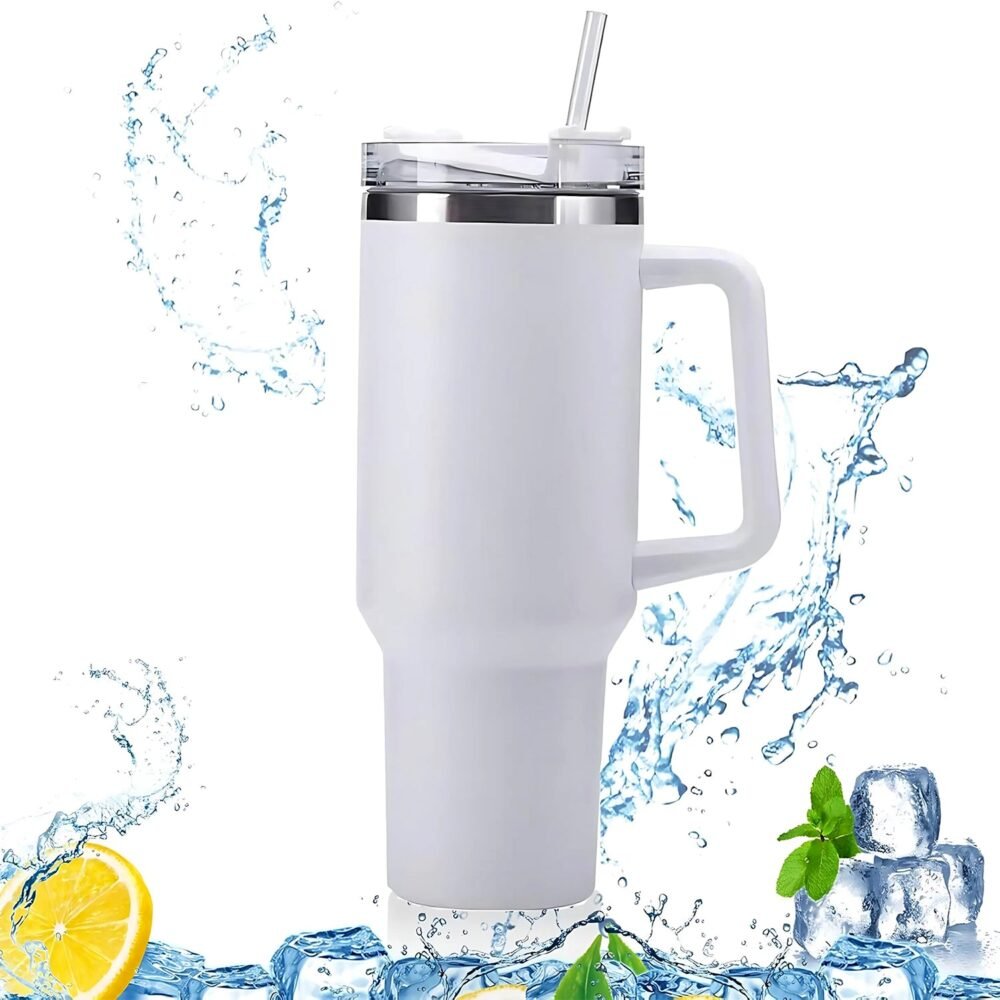 Insulated Stainless Steel Travel Tumbler – 890 ML White with Handle