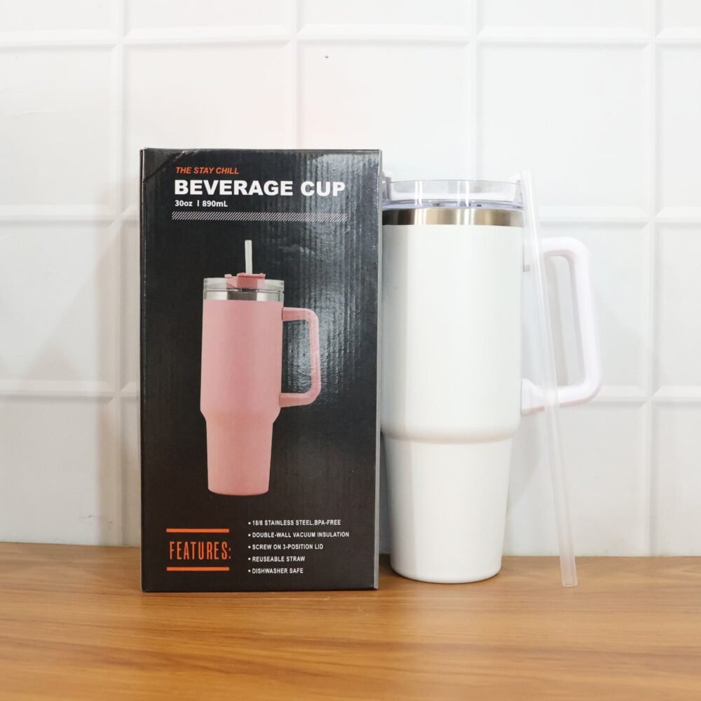 Insulated Stainless Steel Travel Tumbler – 890 ML White with Handle