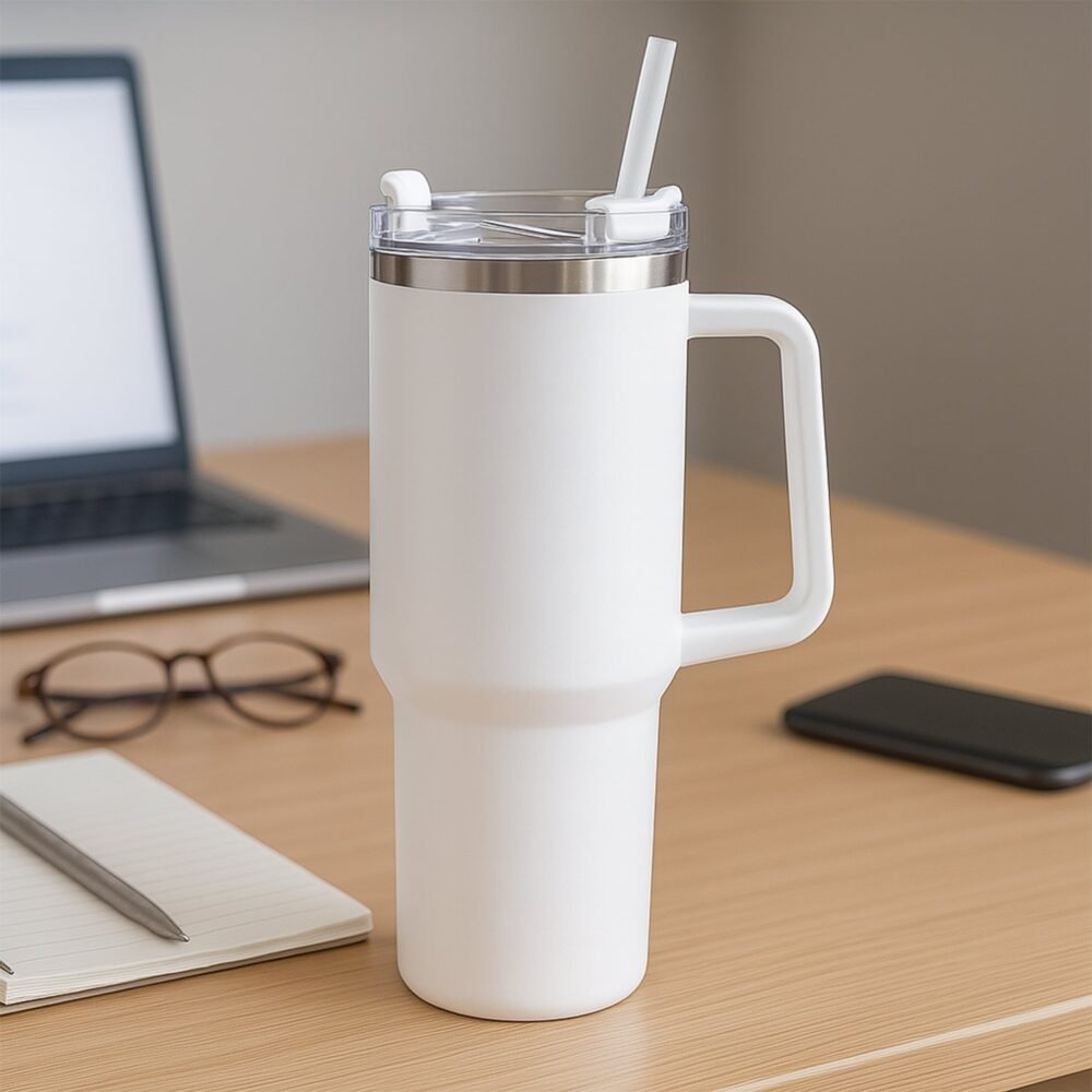 Insulated Stainless Steel Travel Tumbler – 890 ML White with Handle