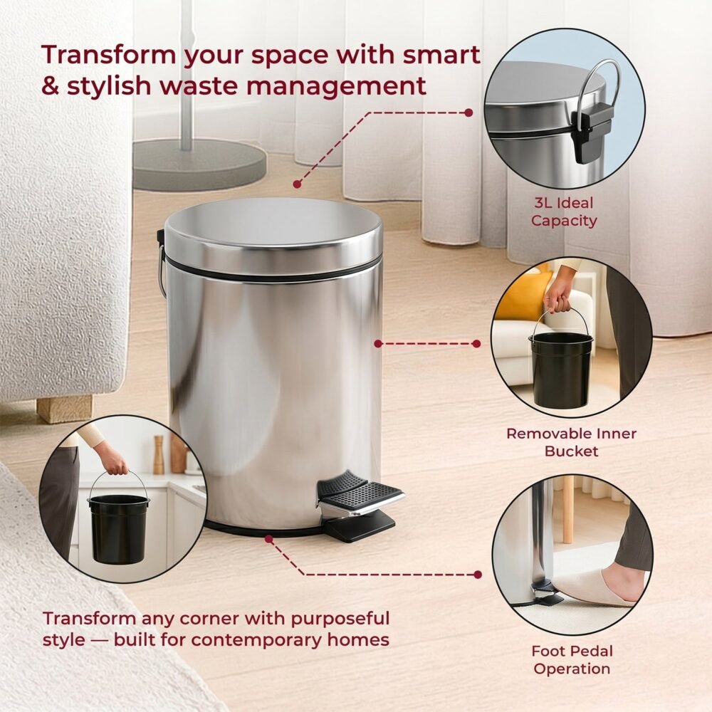 Stainless Steel Pedal Dustbin – Compact & Hygienic Waste Disposal