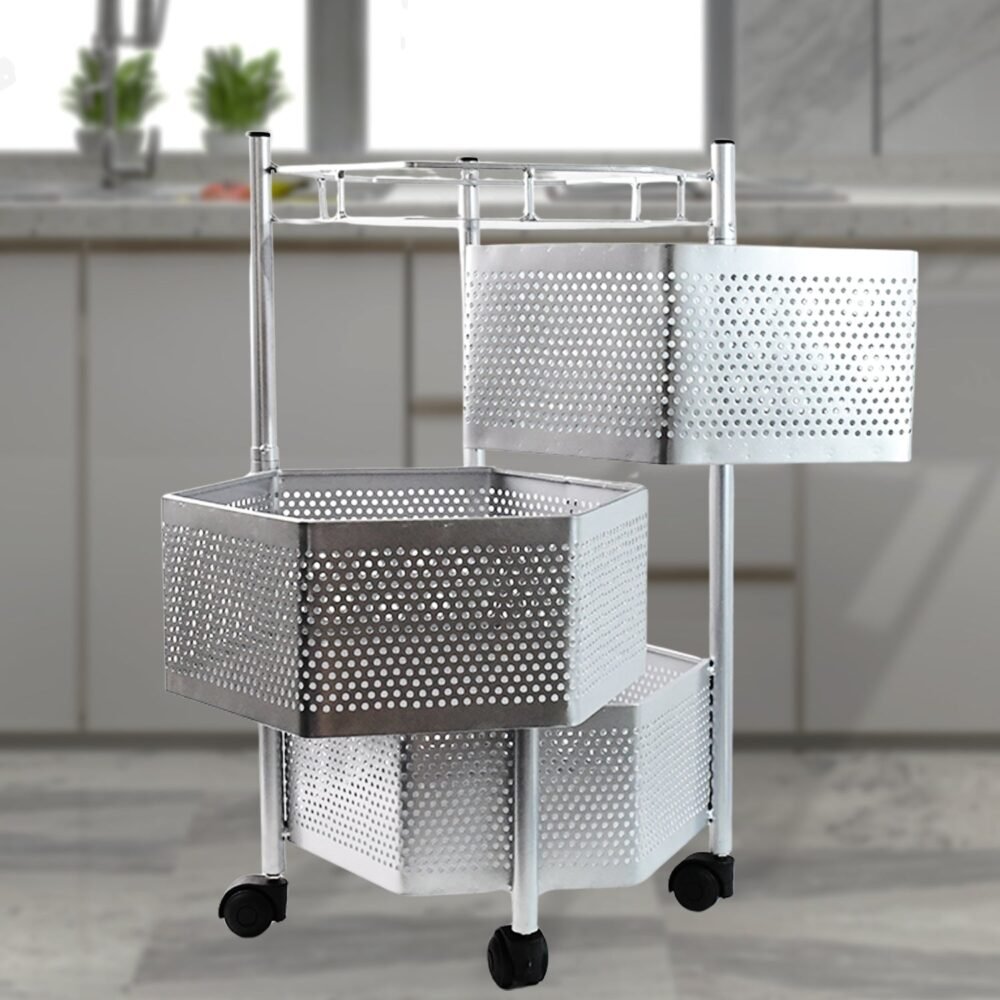 Kitchen Storage Trolley – Premium 3-Layer Hexagon Metal Organizer with Wheels