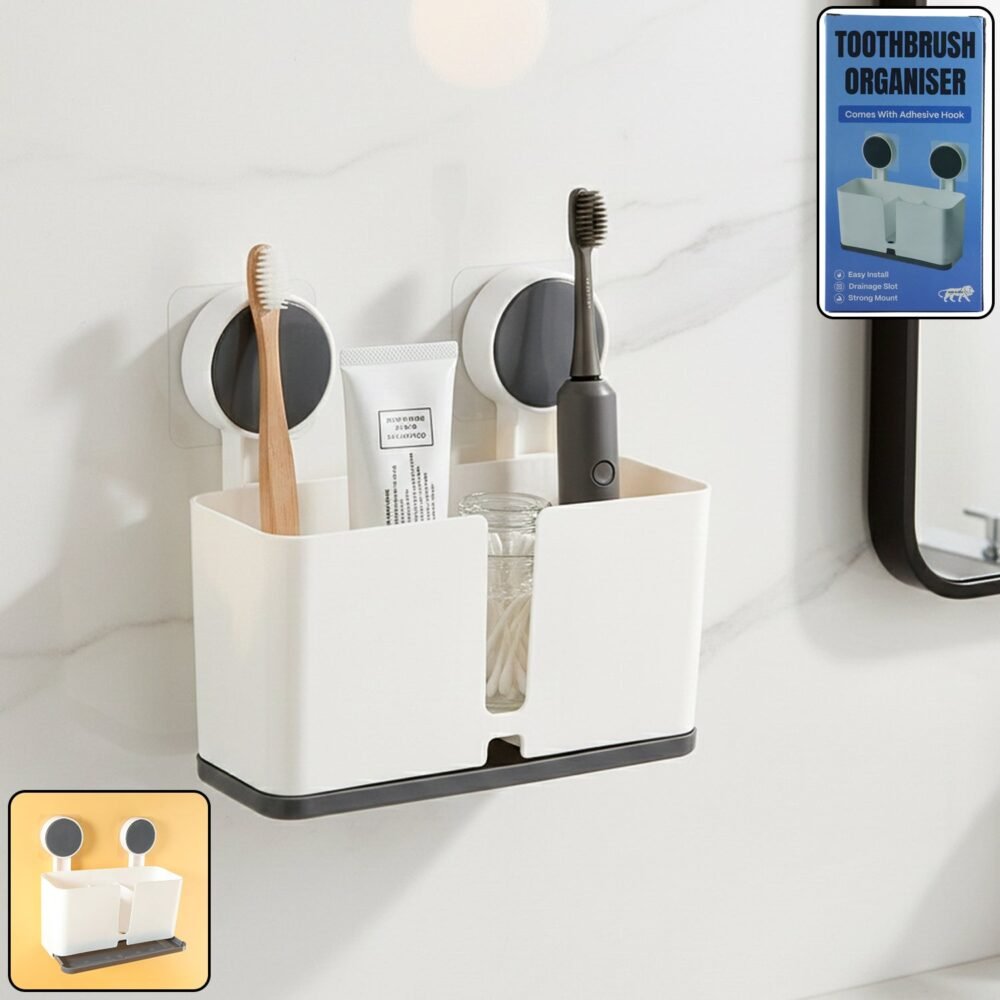 Wall Mounted Toothbrush Holder – 3 Compartments with Adhesive Install