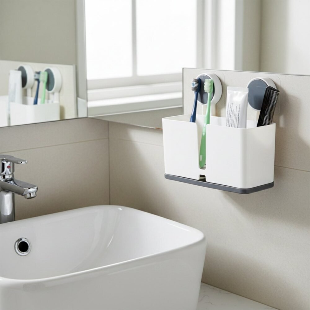 Wall Mounted Toothbrush Holder – 3 Compartments with Adhesive Install