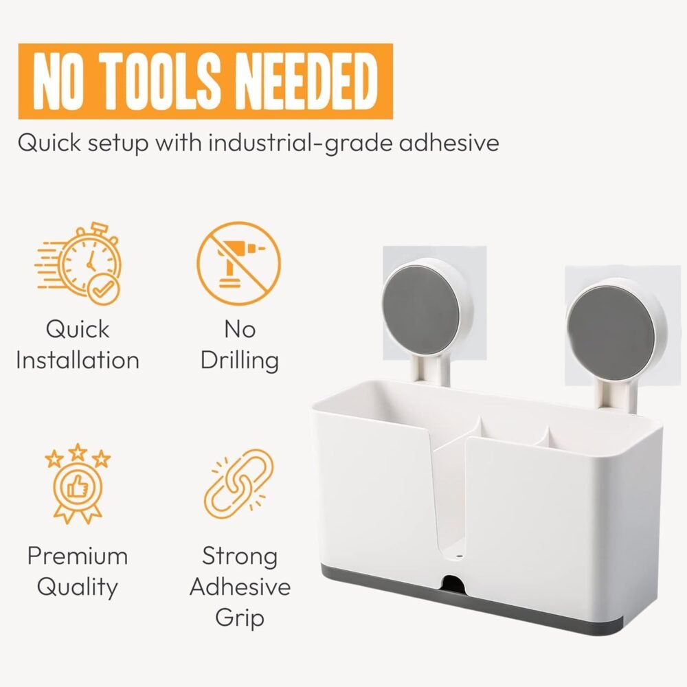 Wall Mounted Toothbrush Holder – 3 Compartments with Adhesive Install