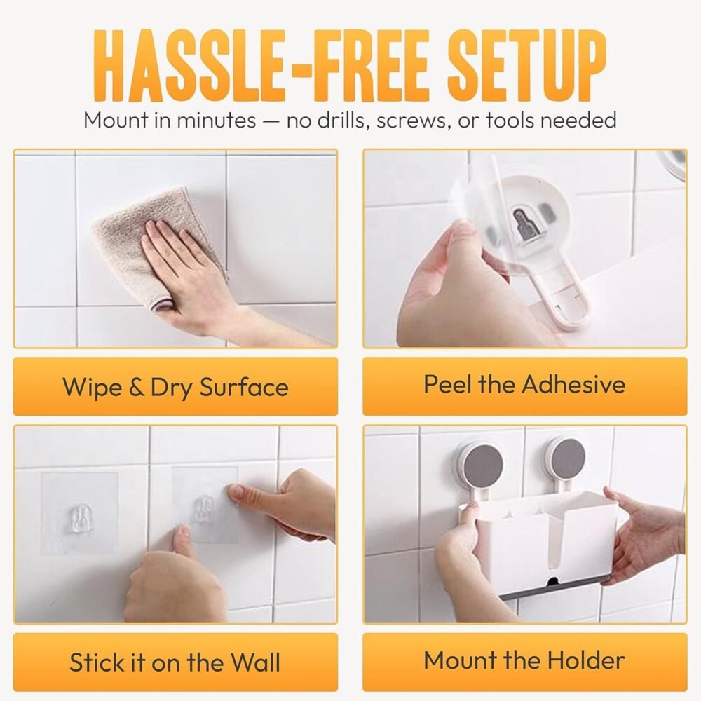 Wall Mounted Toothbrush Holder – 3 Compartments with Adhesive Install