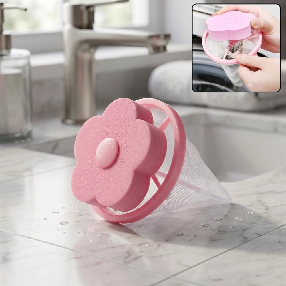 WashingMachineFloatingLintMeshBag-01.jpg Laundry Lint Remover – Reusable Flower-Shaped Mesh Filter for Cleaner Clothes