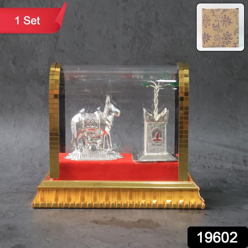 Kamdhenu Cow Idol Set – Silver-Plated Pooja Decor with Tulsi Plant