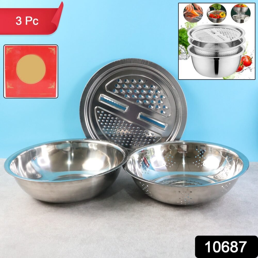 Stainless Steel Mixing Bowl Set – 3-in-1 Multifunction Kitchen Bowls