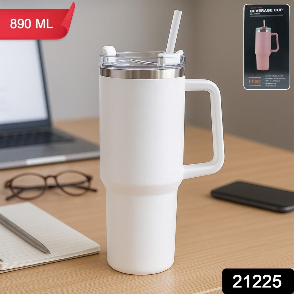 Insulated Stainless Steel Travel Tumbler – 890 ML White with Handle