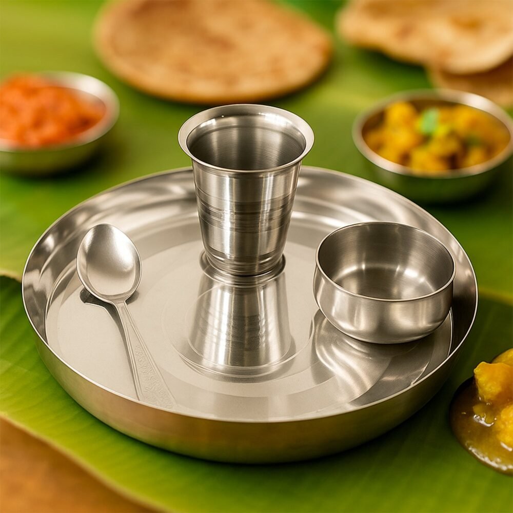 Stainless Steel Pooja Thali Set – Complete 4-Piece Dining Set