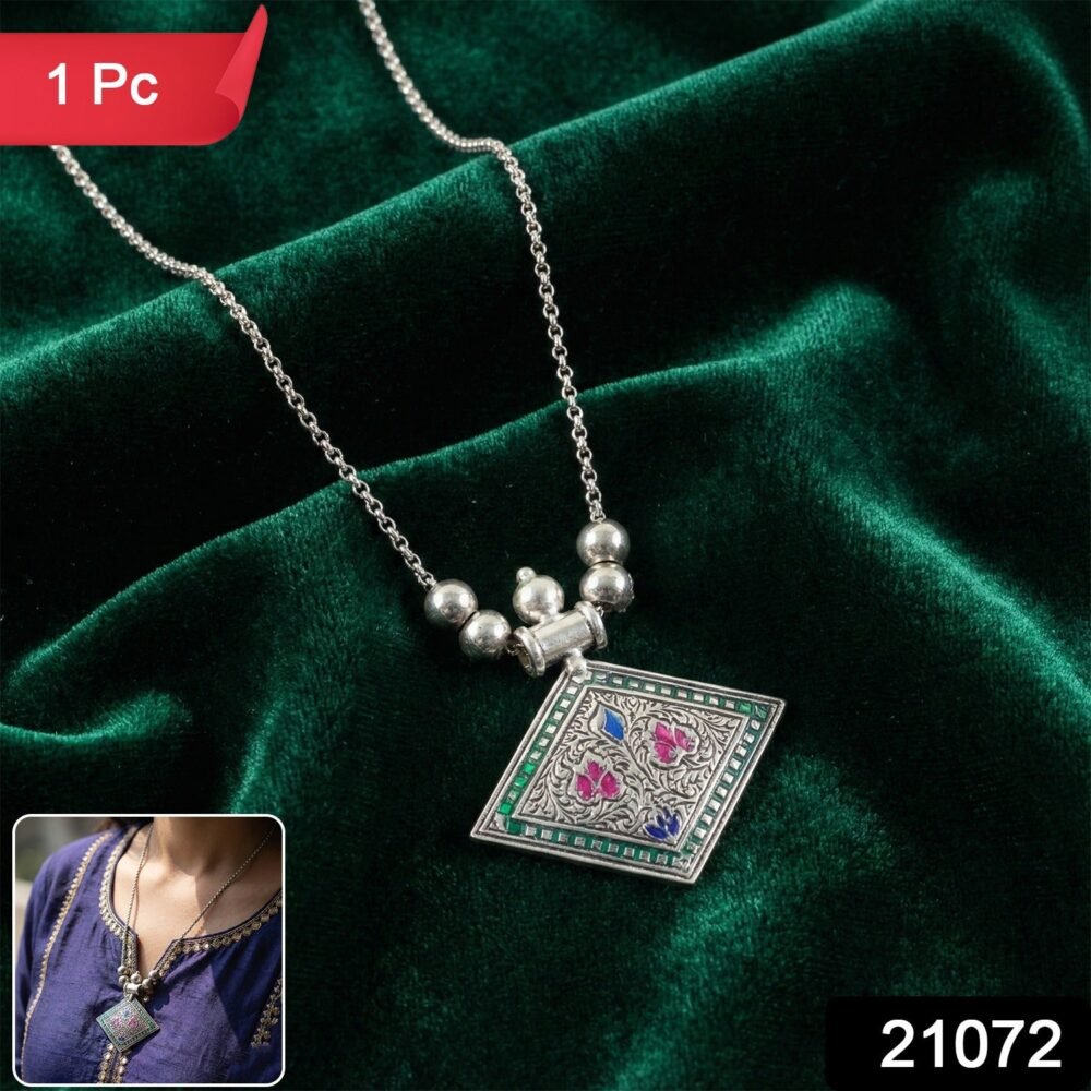 Traditional Square Motif Oxidised Silver Pendant Necklace – Elegant Ethnic Style