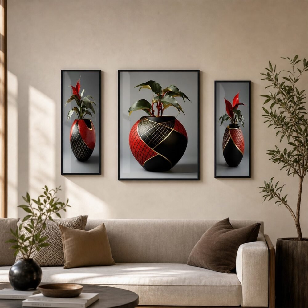 Flower Vase Wall Art – Vibrant Floral 3-Panel MDF Frame