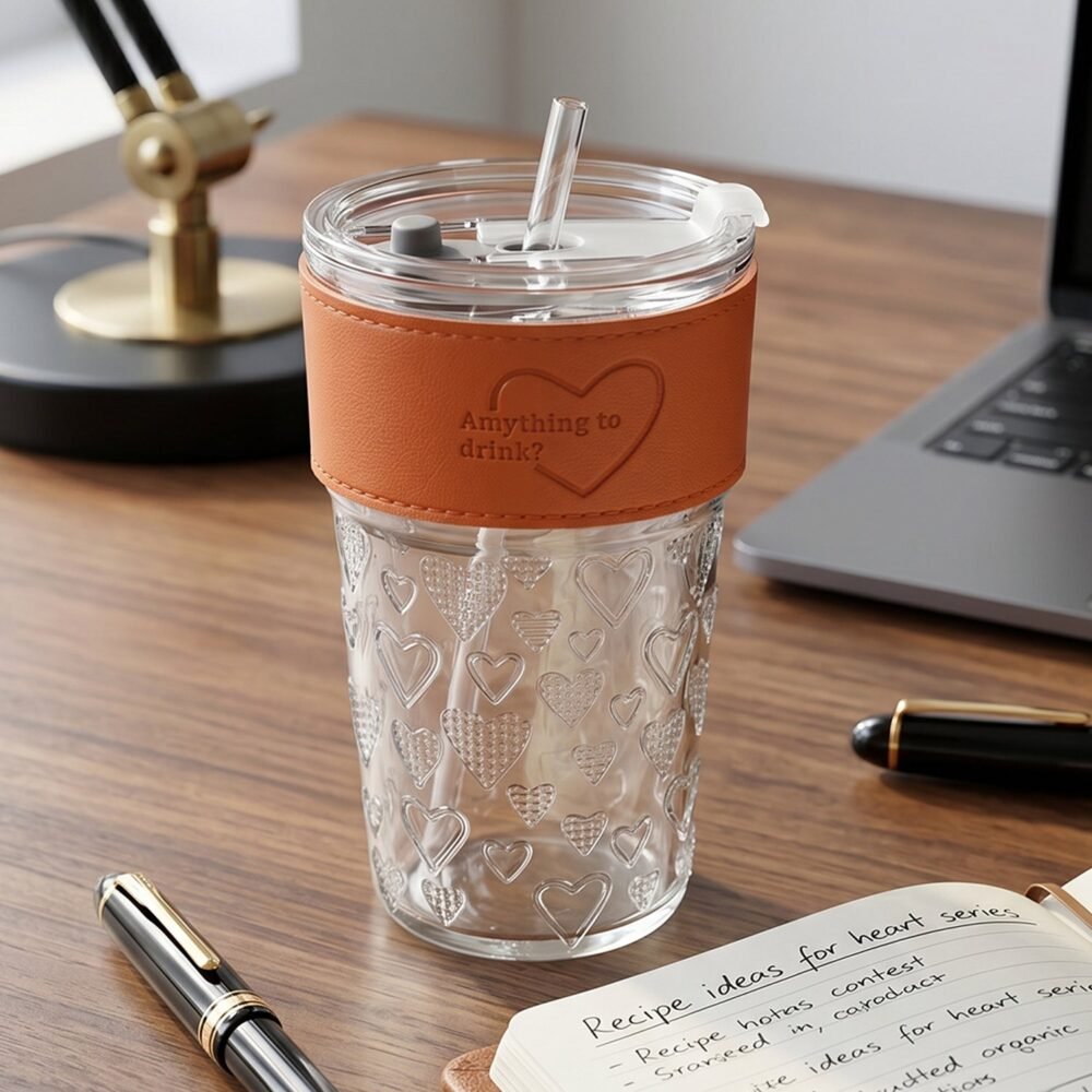 Glass Drinking Tumbler – Spill-Resistant Lid & Elegant Design