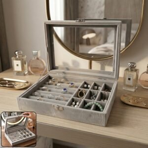 Velvet Jewellery Organizer Box – Transparent Lid & Multi-Compartment Storage
