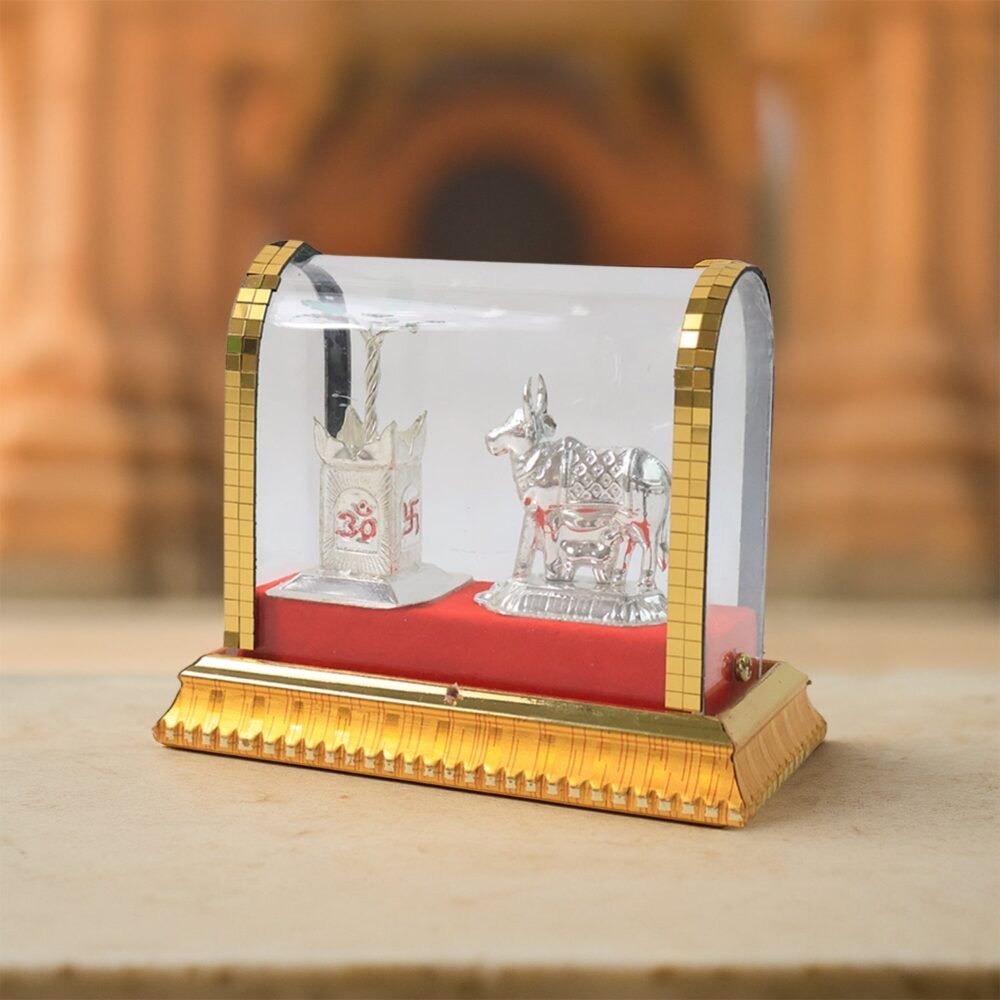 Kamdhenu Cow Idol Set – Silver-Plated Pooja Decor with Tulsi Plant