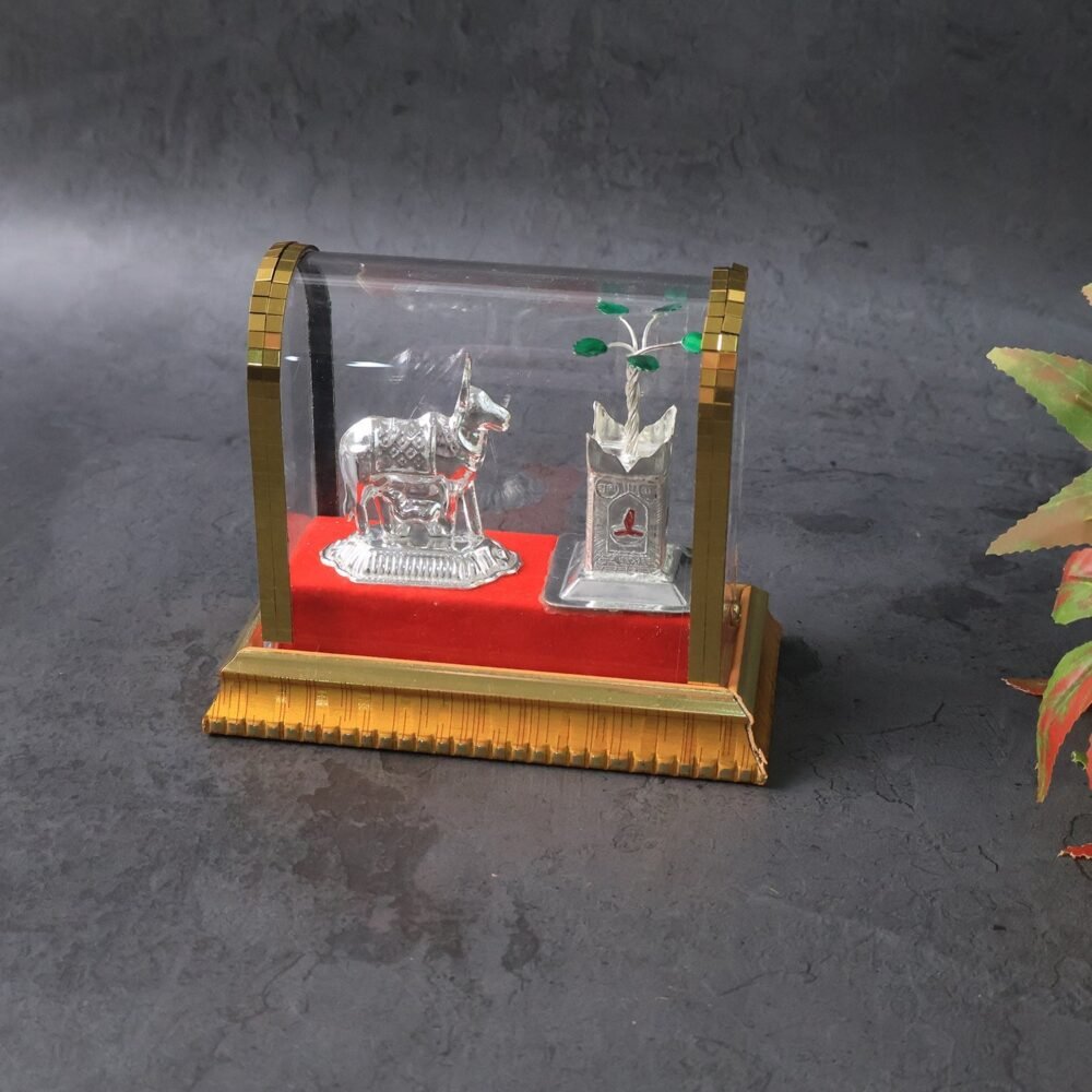 Kamdhenu Cow Idol Set – Silver-Plated Pooja Decor with Tulsi Plant