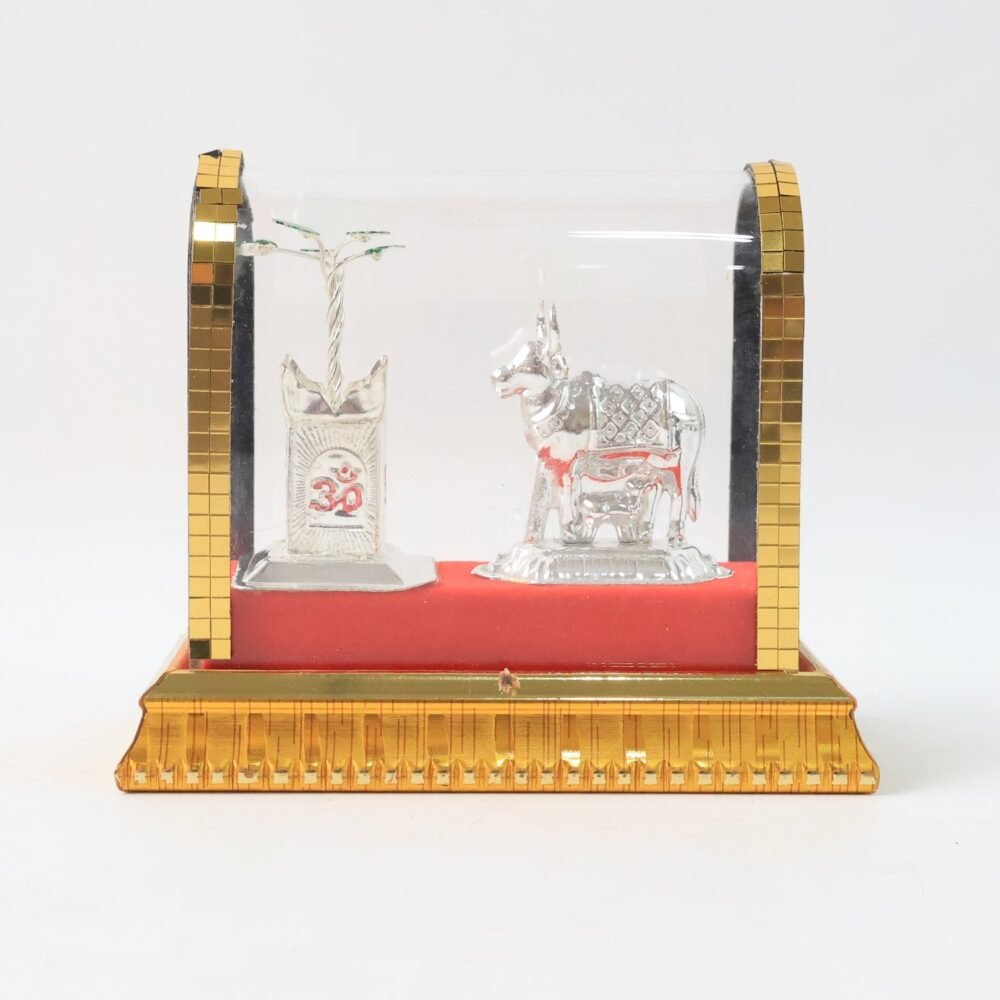 Kamdhenu Cow Idol Set – Silver-Plated Pooja Decor with Tulsi Plant