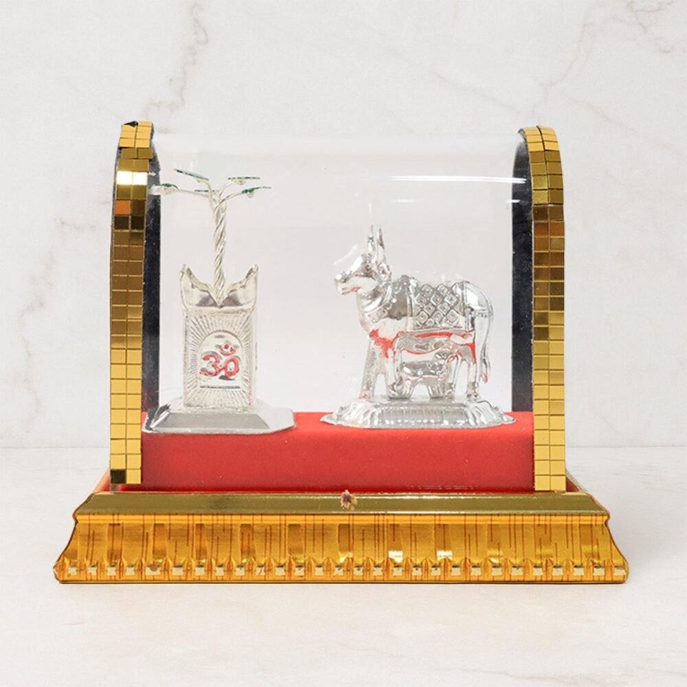 Kamdhenu Cow Idol Set – Silver-Plated Pooja Decor with Tulsi Plant