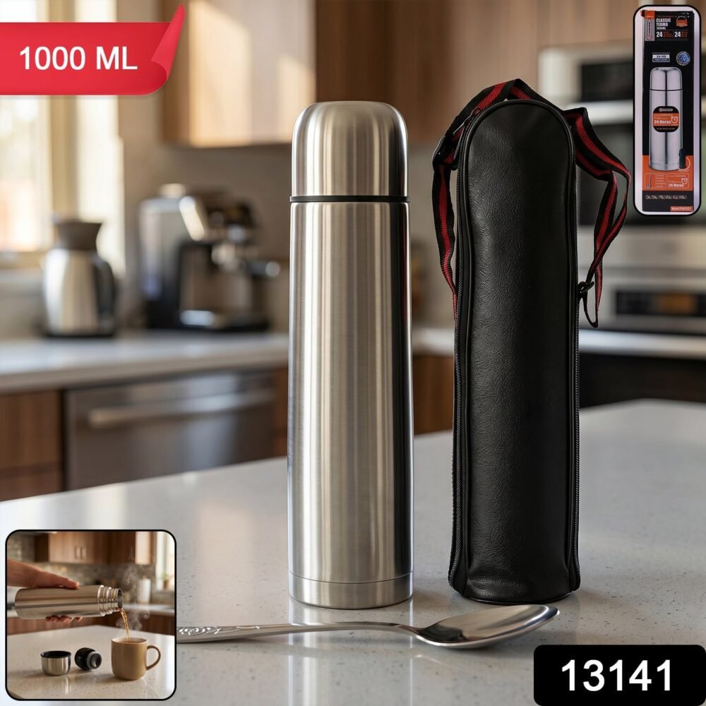 Stainless Steel Vacuum Flask – 1000ML with Carry Bag & Spoon