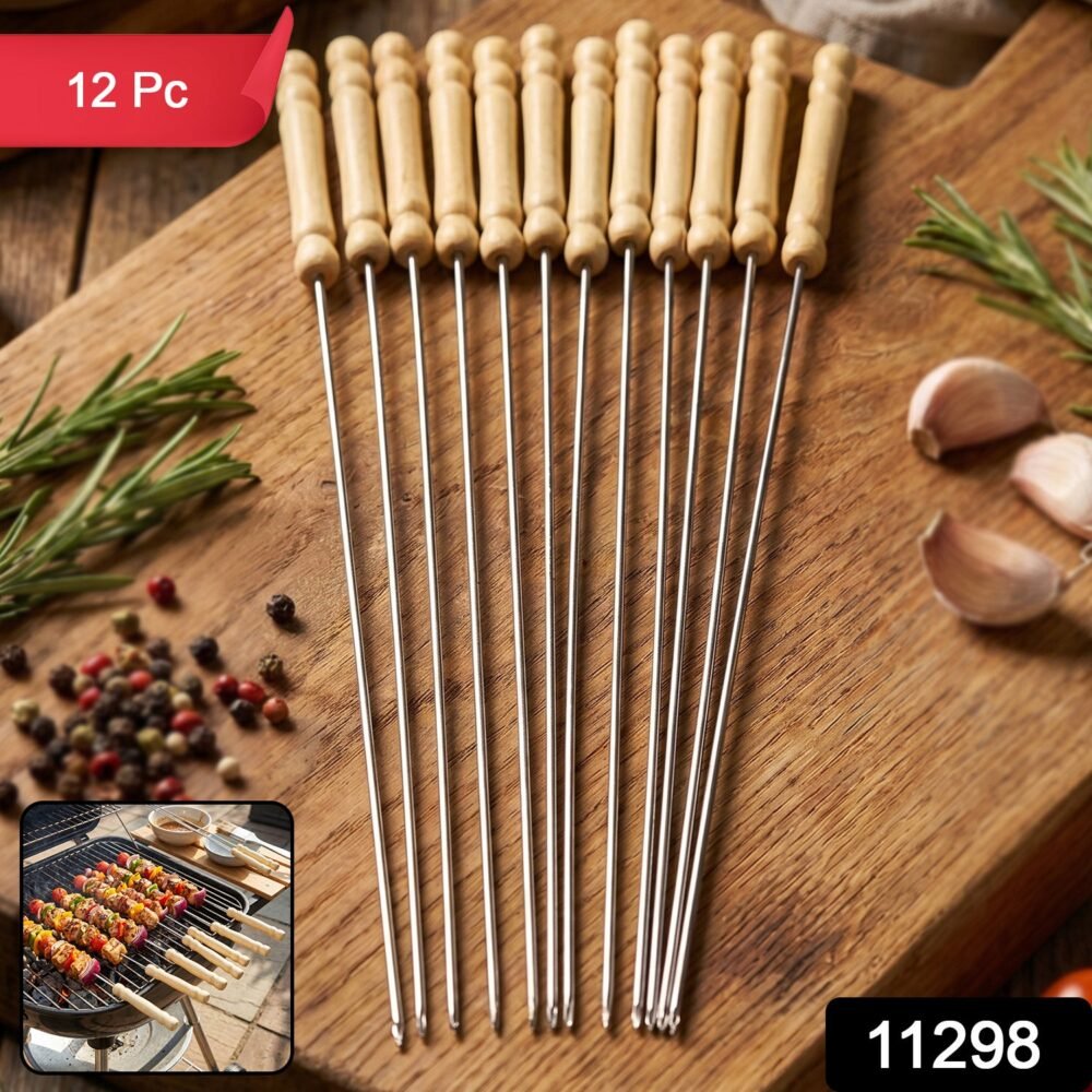 Stainless Steel BBQ Skewers – Reusable Grilling Sticks with Wooden Handle