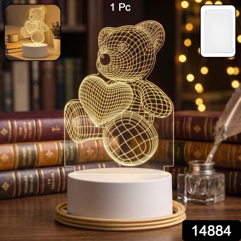 3D Teddy Bear Night Lamp – Captivating Heart Illusion for Kids and Home