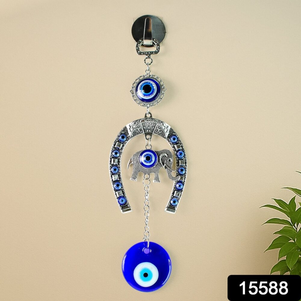 Evil Eye Hanging with Elephant & Horseshoe – Protective Wind Chime