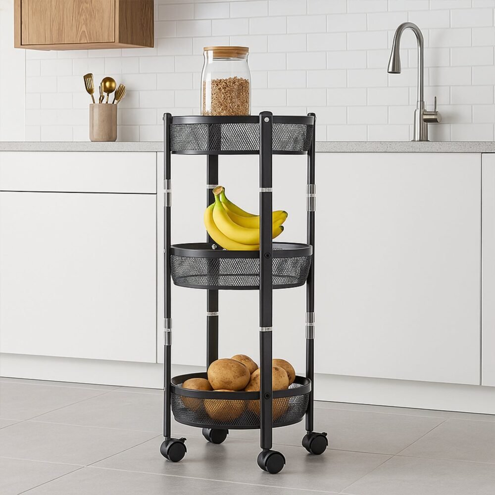 Metal Mesh Storage Trolley – 3-Layer Utility Cart with Wheels