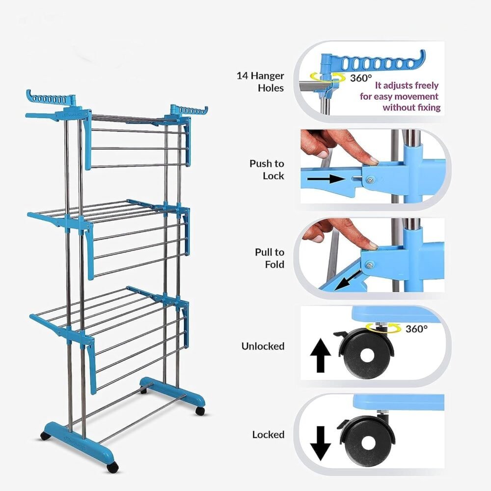 Cloth Drying Stand – 3-Layer Foldable Stainless Steel | FreshAura