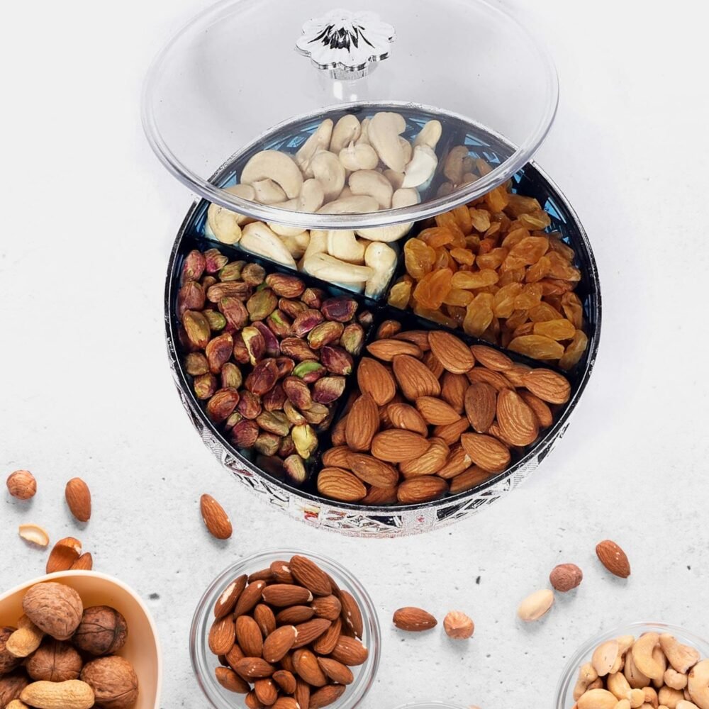 06_581b4f94-db0e-44f4-b816-570cb1f0629b.jpg Silver Dry Fruit Box – 4-Section Round Multipurpose Gift | Tidy Table