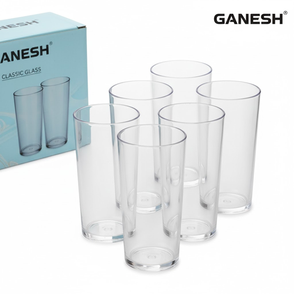 Plastic Glasses Set – Unbreakable Transparent 350ml (Set of 6) | Ganesh