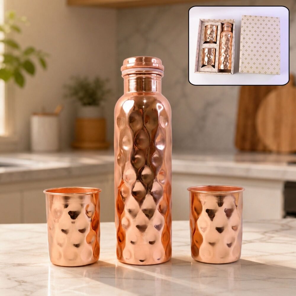 5aed5a53-cb61-4683-b3c1-dc89f94a411e.jpg Copper Water Bottle Set – Diamond Cut & 2 Glasses | Own Hydrate