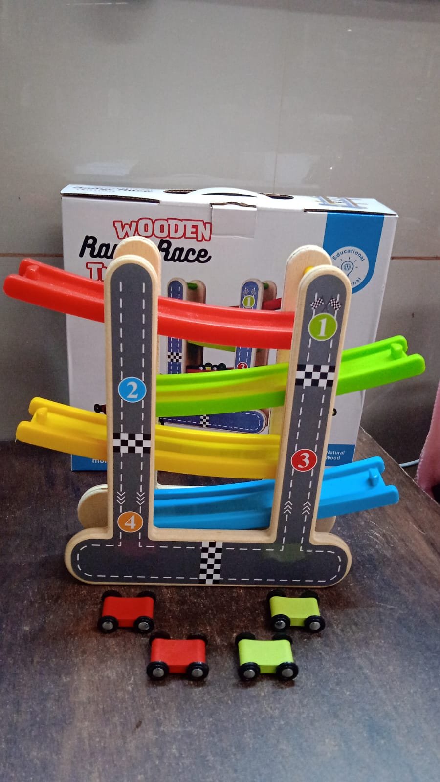 6c3a961a-44e3-4f1f-a30b-3923caee5276.jpg Wooden Race Track – 4-Level Car Ramp Set for Toddlers | Action Legion