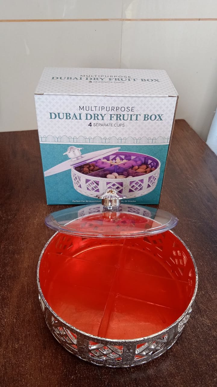 ba0b30af-6bff-4e67-aaac-9a44d2ad64f9.jpg Silver Dry Fruit Box – 4-Section Round Multipurpose Gift | Tidy Table