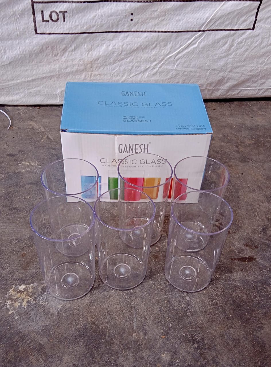Plastic Glasses Set – Unbreakable Transparent 350ml (Set of 6) | Ganesh