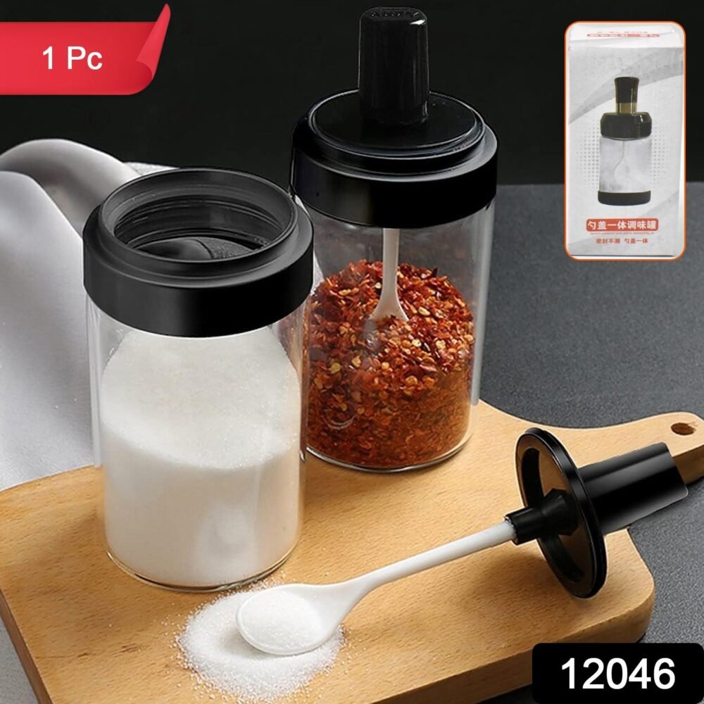 Glass Spice Jar – Attached Spoon & Leakproof Lid | Tidy Table